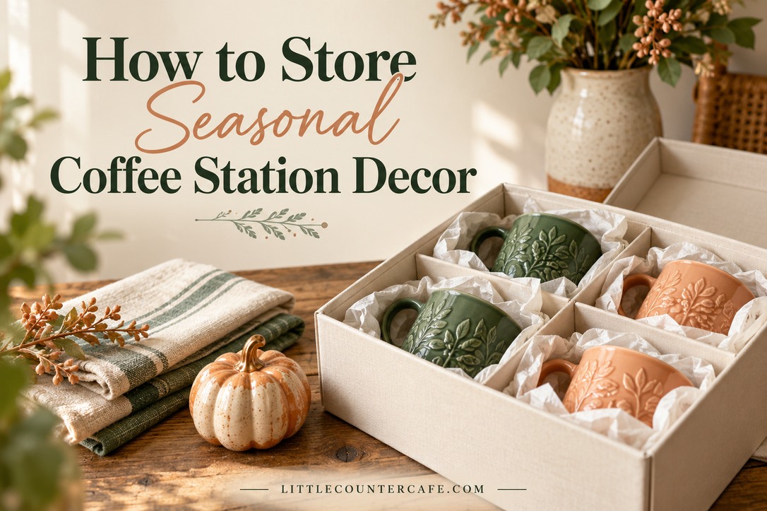 Individually cushioned green and peach seasonal mugs in a divided box beside a small pumpkin.