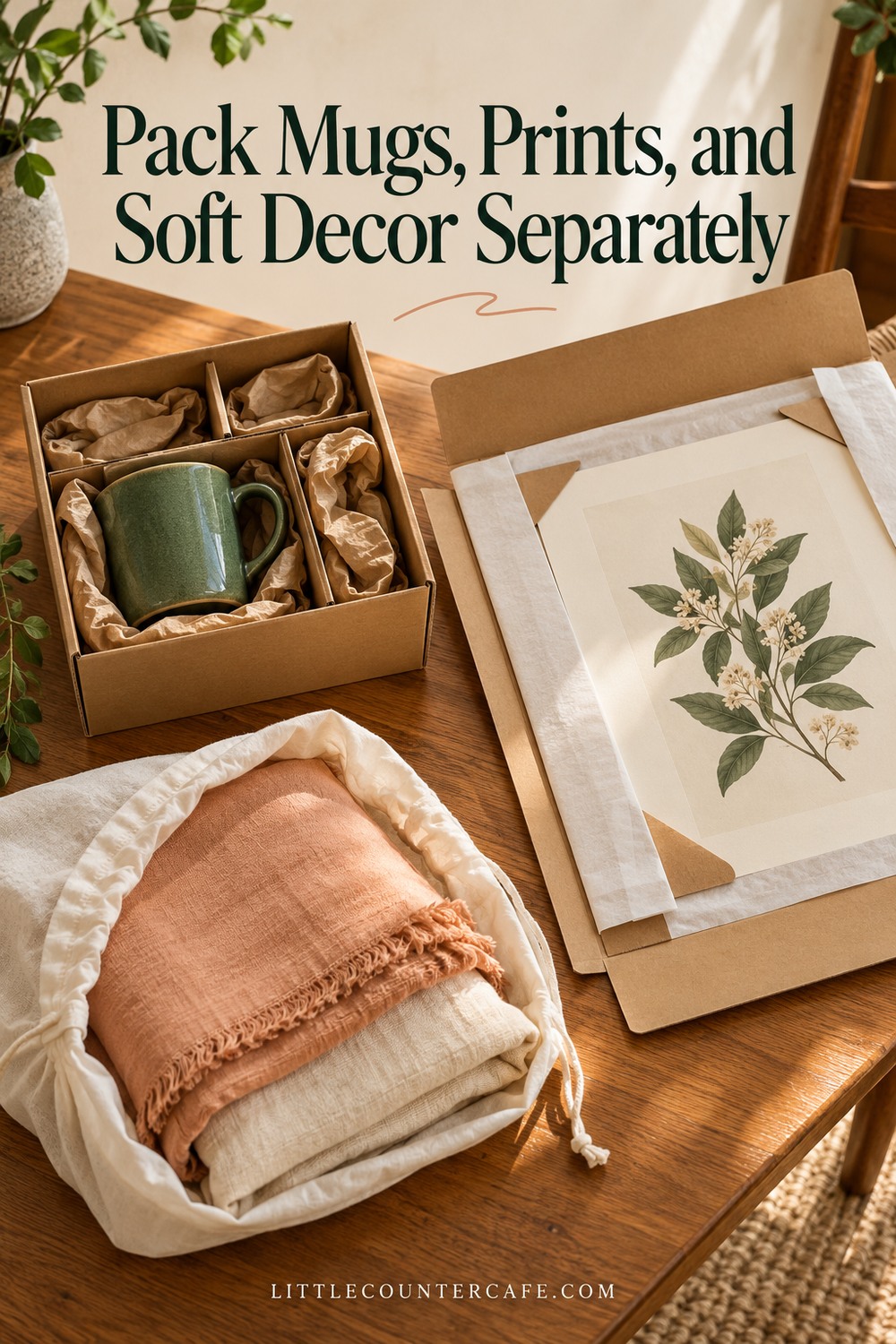 Ceramic mugs, a flat print folder and folded linens in separate packing areas.