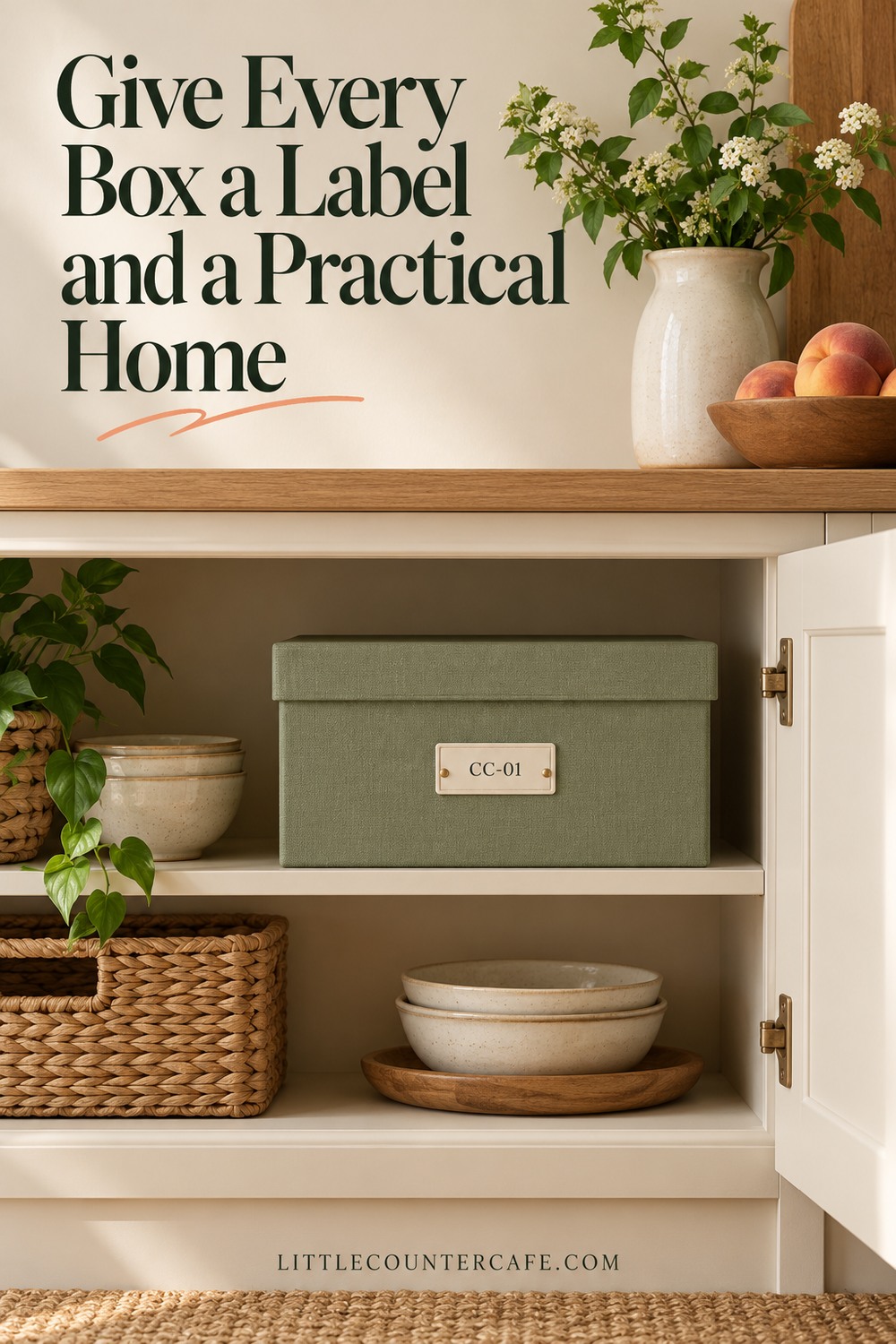 A modest labeled decor box on an accessible cupboard shelf.