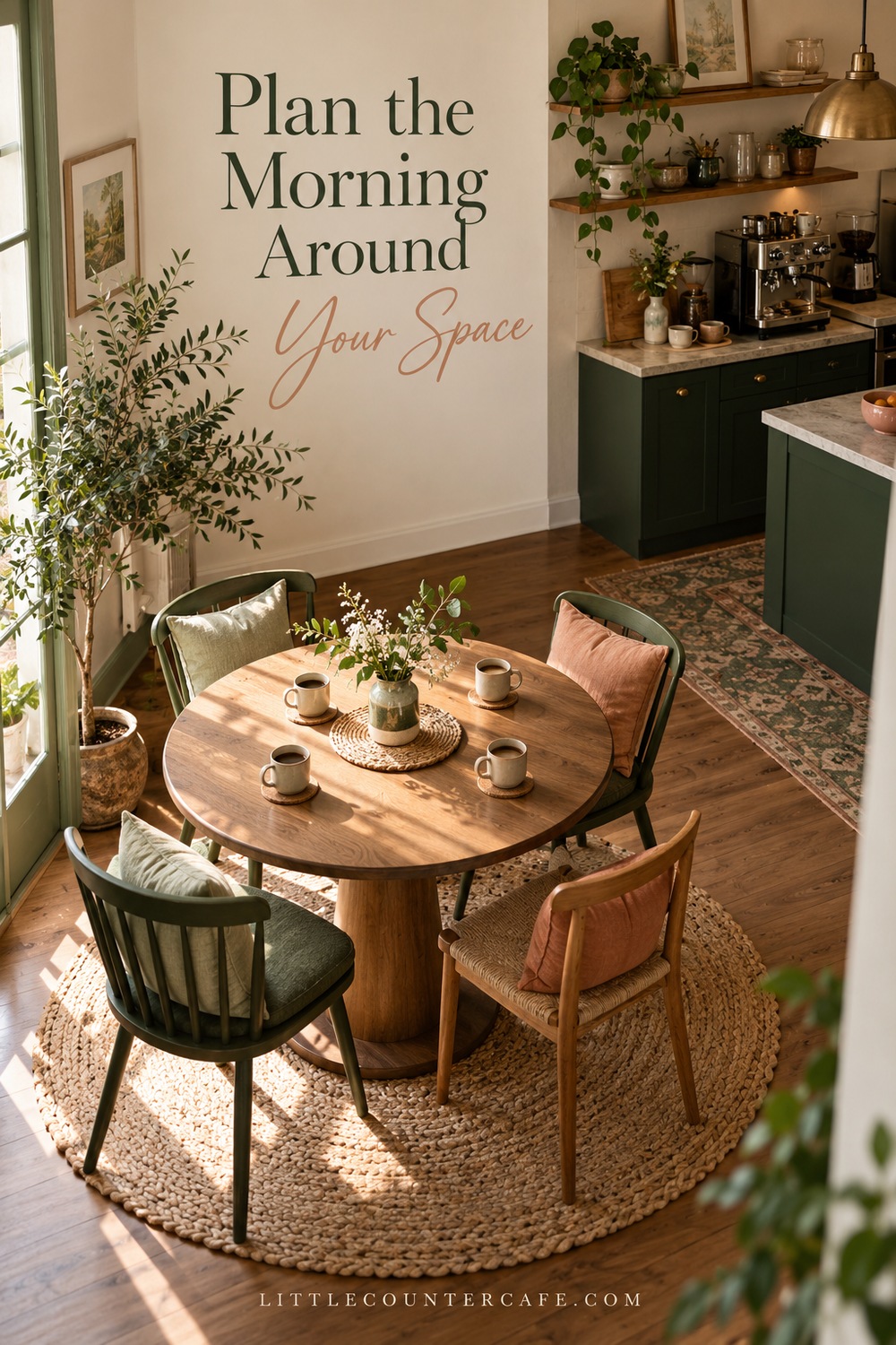 Four cups and chairs around a round table beside a compact home coffee counter.