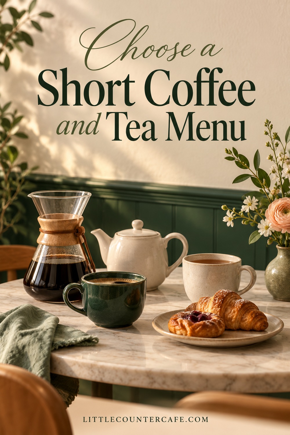 Coffee carafe, cream teapot and pastries illustrate a short hosting menu.