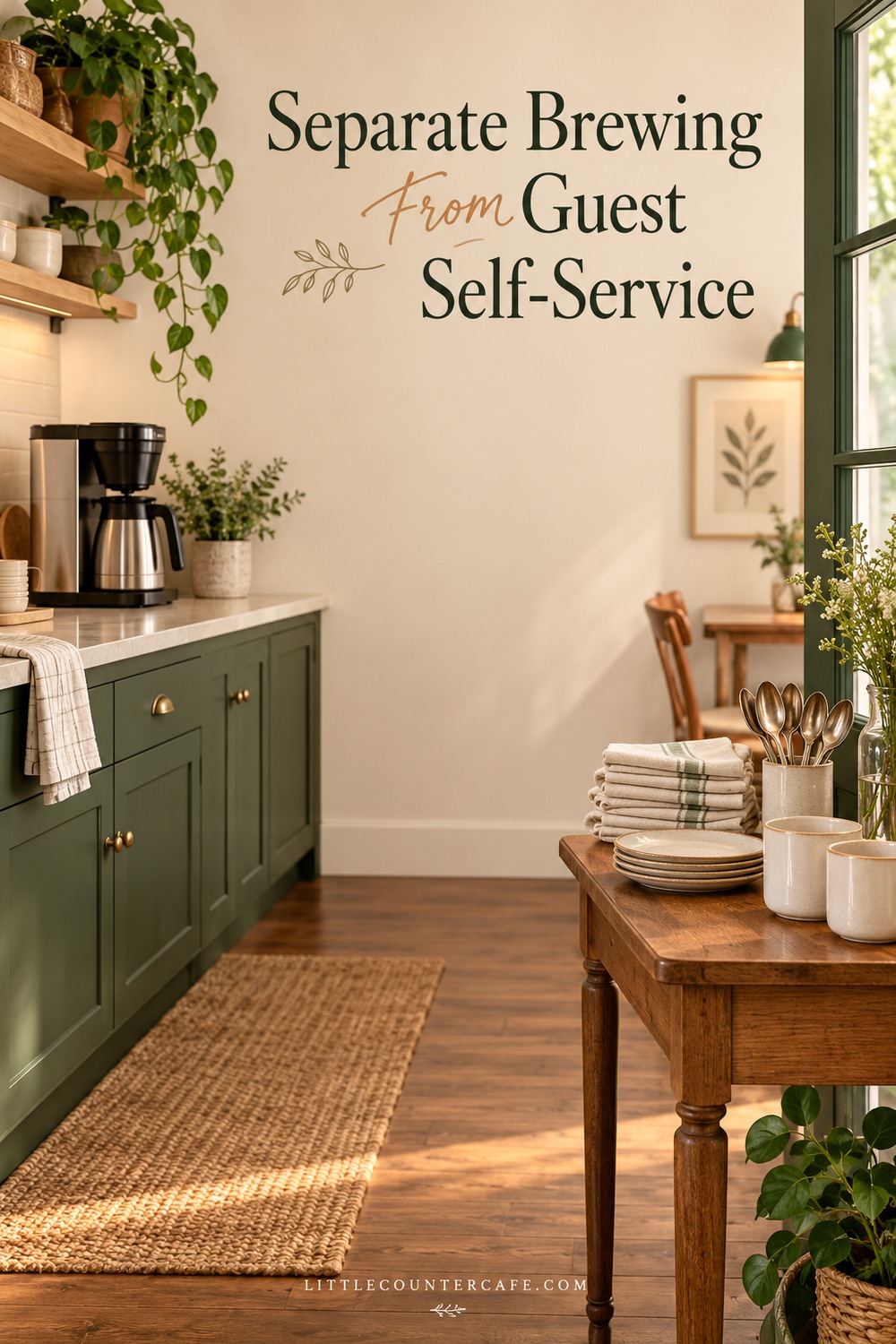 A brewing counter stands separate from a table with guest plates and utensils.