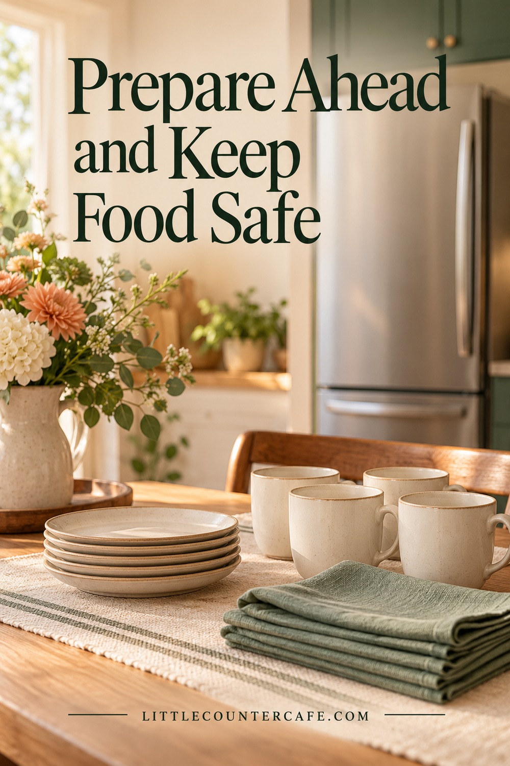 Clean mugs, folded napkins and stacked plates ready beside a closed refrigerator.