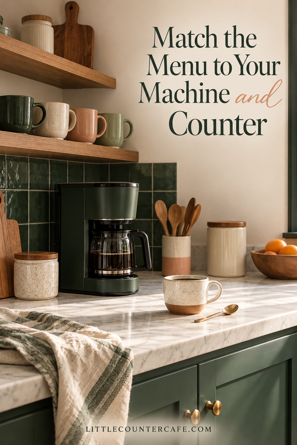 Compact green coffee maker with an open pouring area and guest mugs on a nearby shelf.