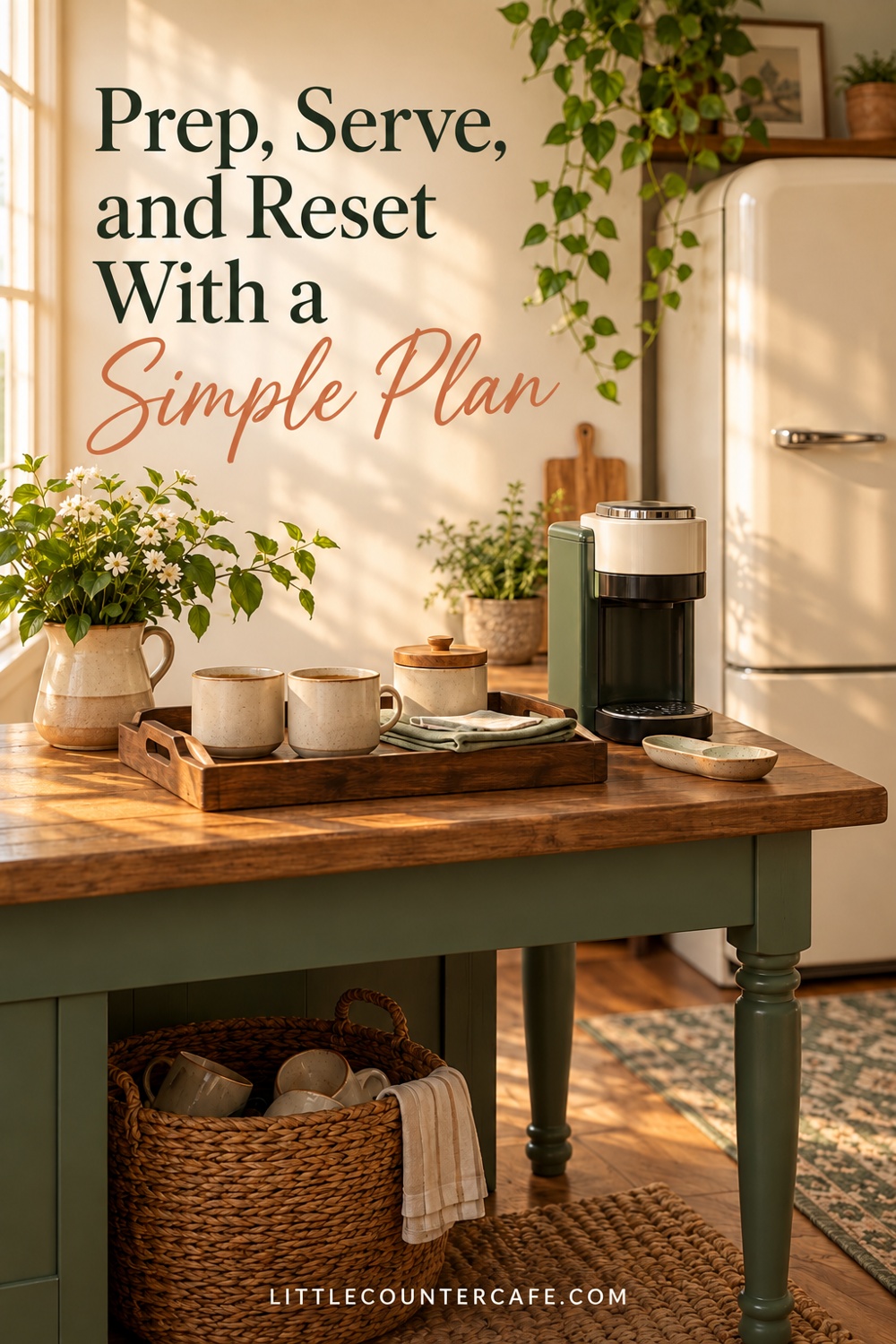 A prepared small coffee serving area with clean mugs, napkins, and a place for used cups.