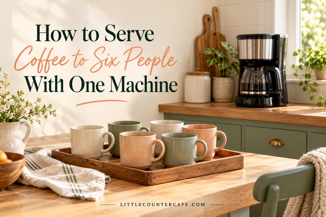 Six cream, sage, and peach mugs on a serving tray in front of a single drip coffee maker.