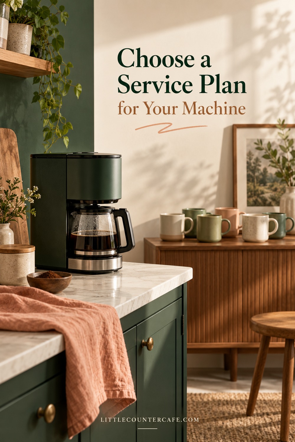 A dark green drip brewer on a small counter with guest mugs waiting on a separate sideboard.