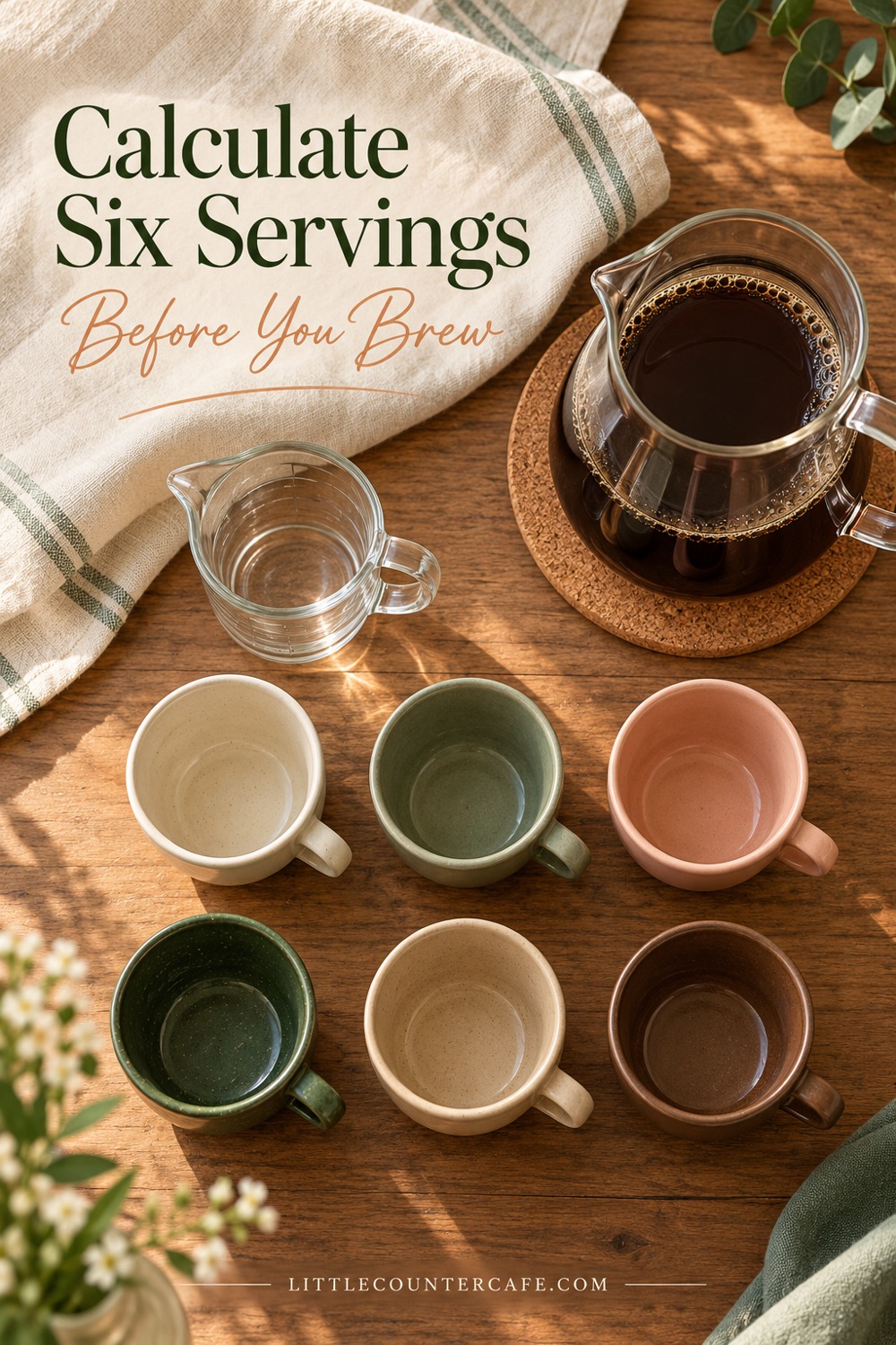 Six small ceramic cups arranged beside a coffee carafe and a clear jug on a wooden table.
