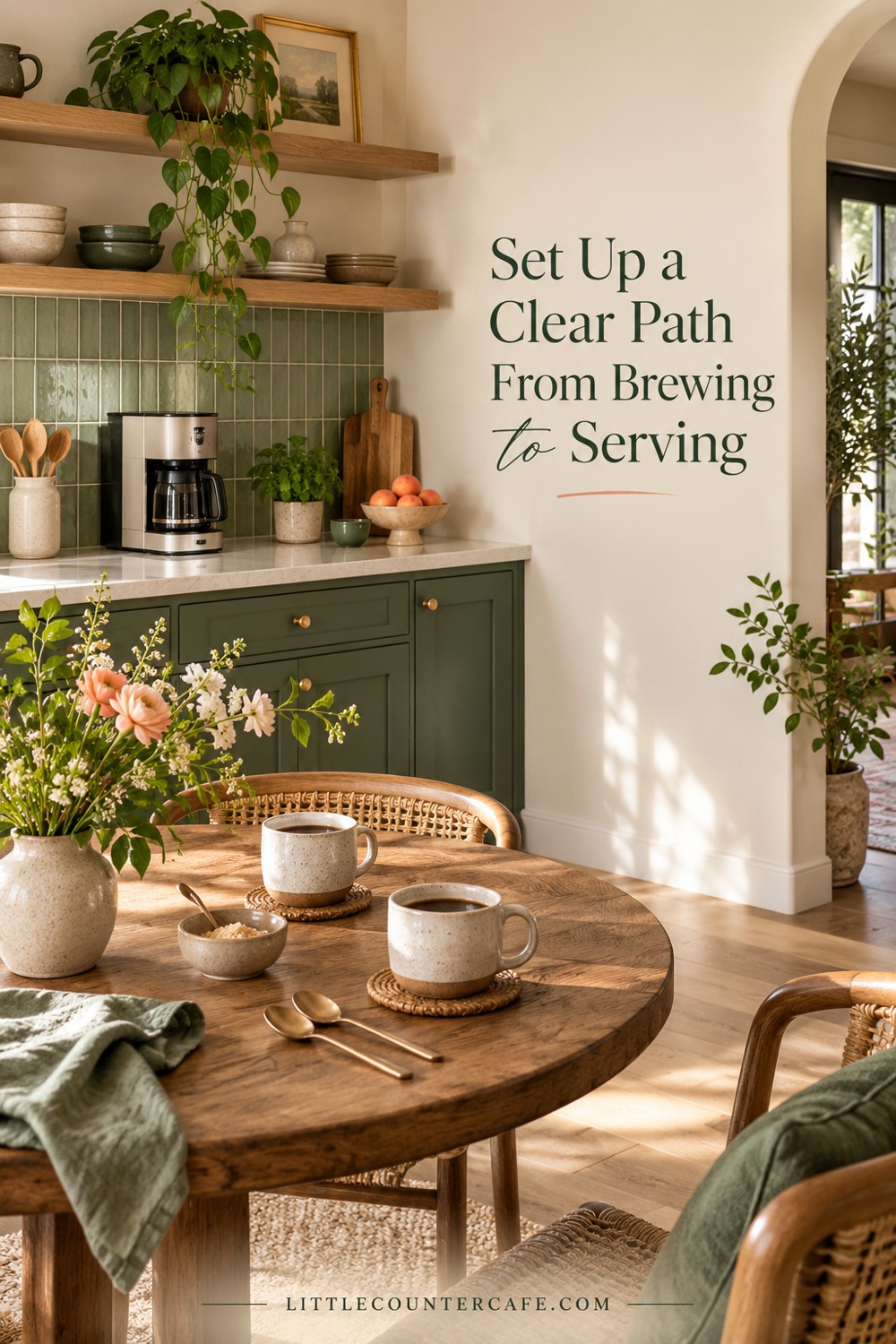 A compact kitchen coffee counter and a separate dining-table collection area for cups and spoons.
