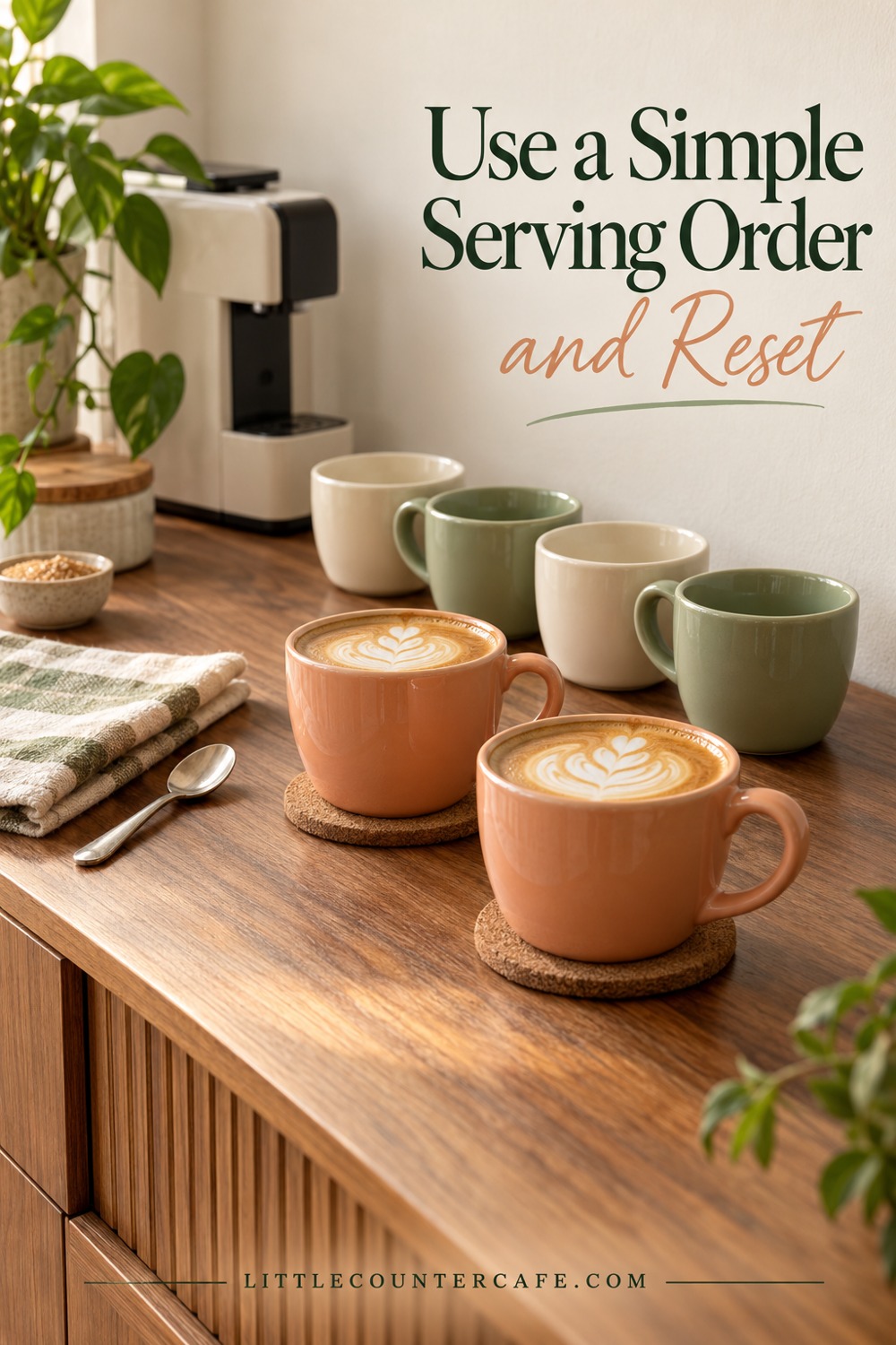 Two prepared cups in a home cafe serving area with remaining cups waiting nearby.
