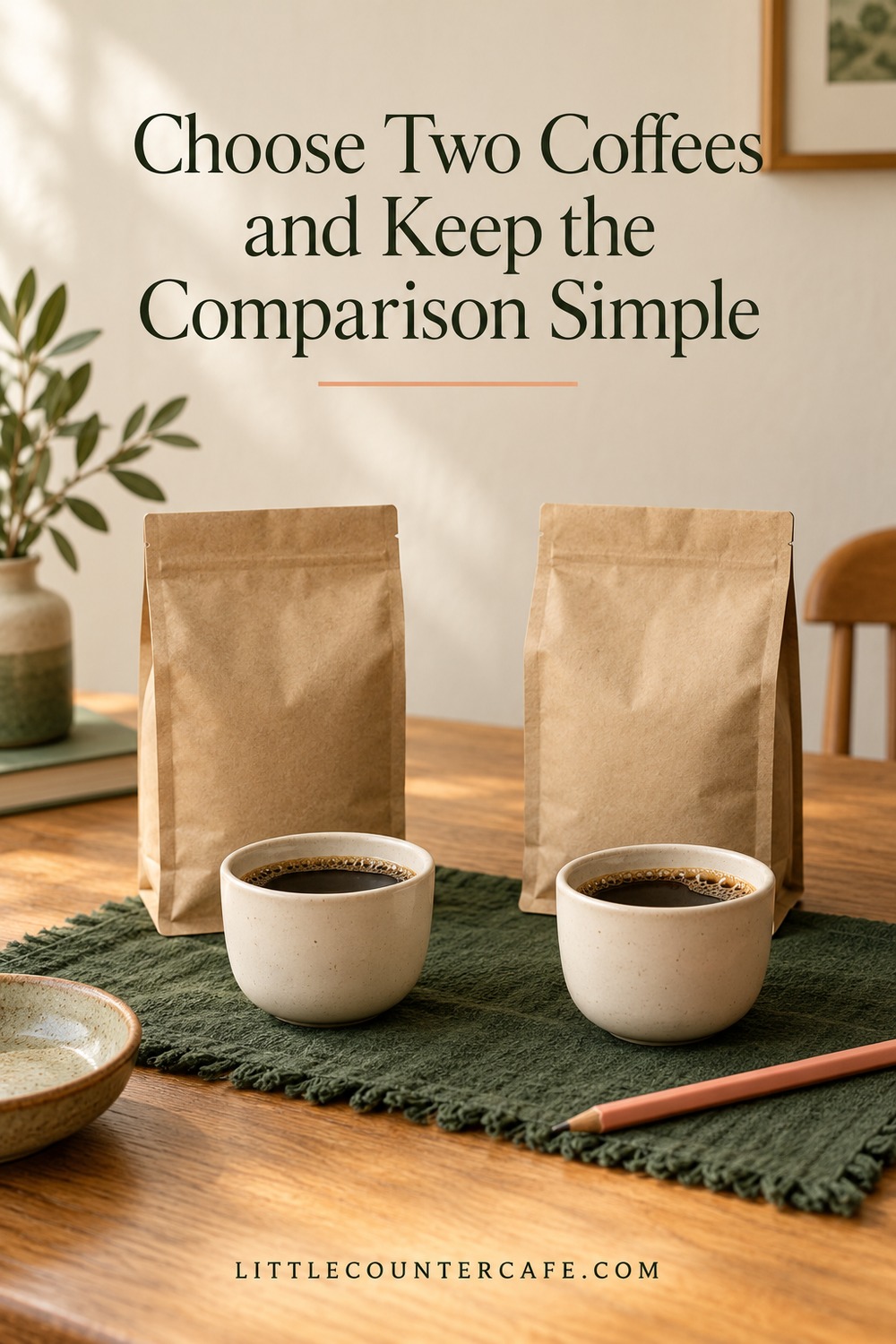 Two small coffee cups stand in front of plain kraft coffee bags on a forest green cloth.