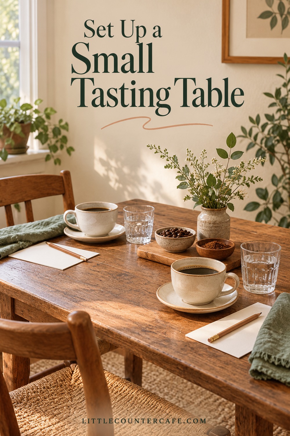 Two coffee place settings with water glasses and note cards on a small wood dining table.