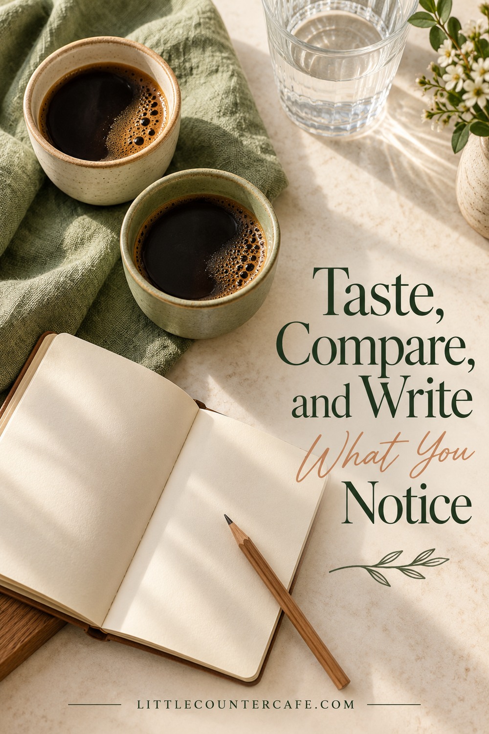 Two cups of black coffee, a water glass and an open blank notebook on a cream tabletop.