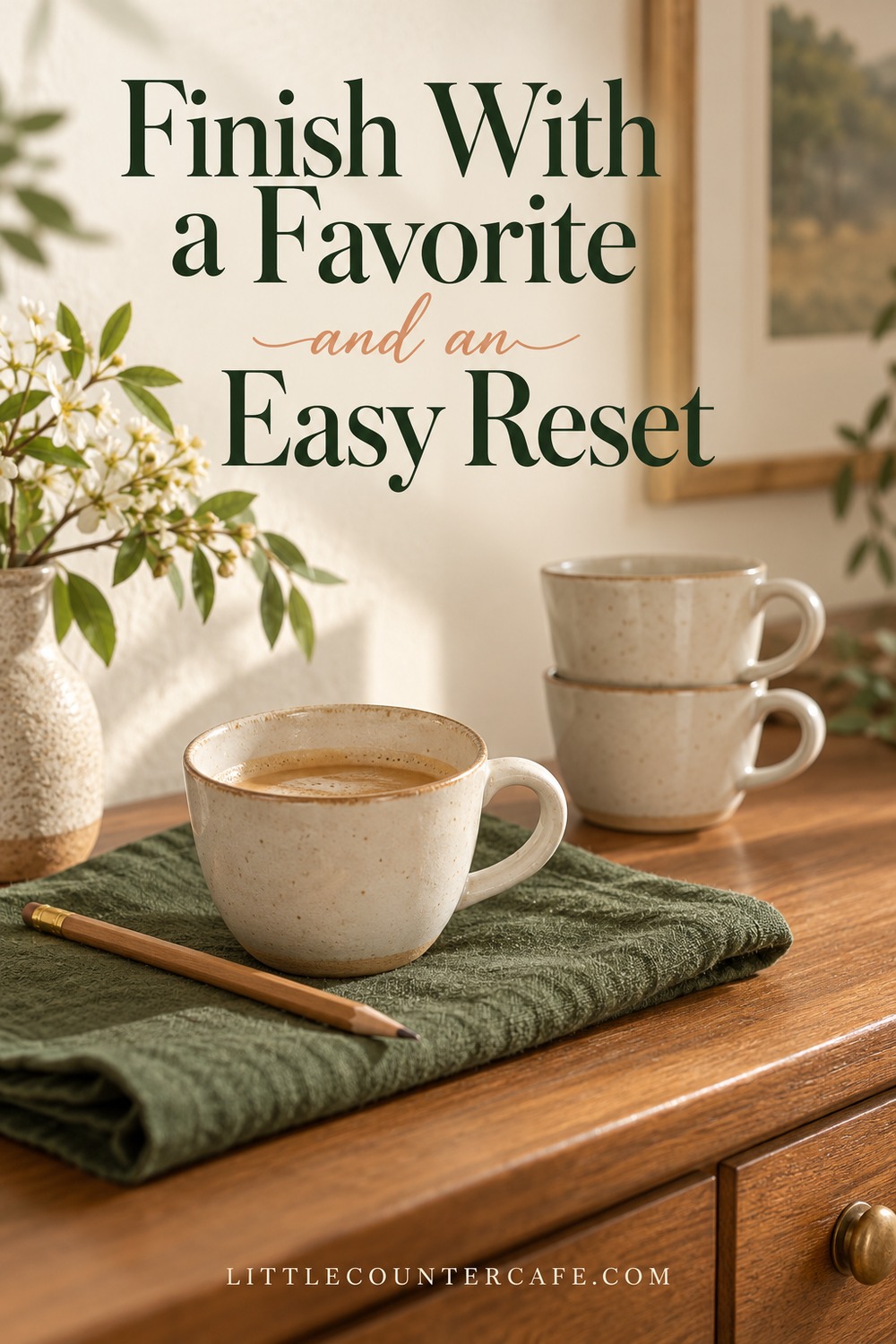 A cream coffee cup and pencil rest on a folded green cloth beside two stacked cups.