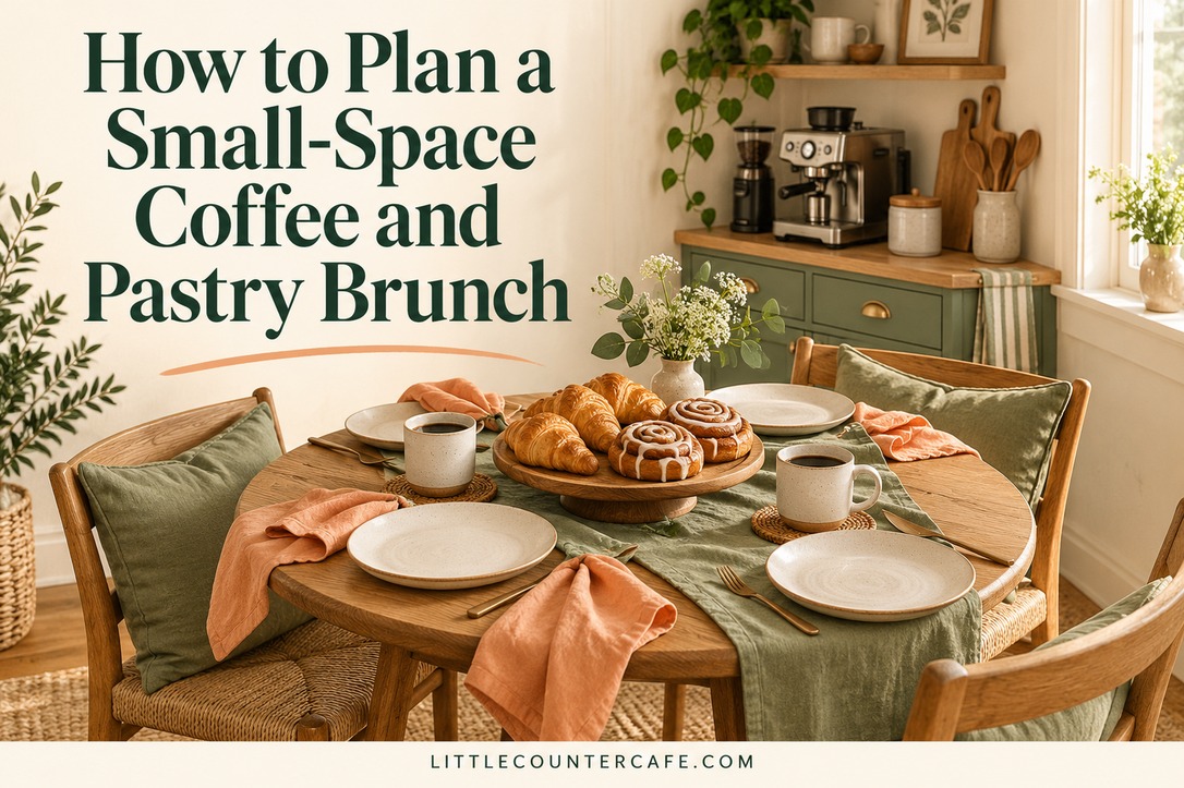 A small oak brunch table with pastries, cream plates and two cups beside a sage kitchen coffee counter.