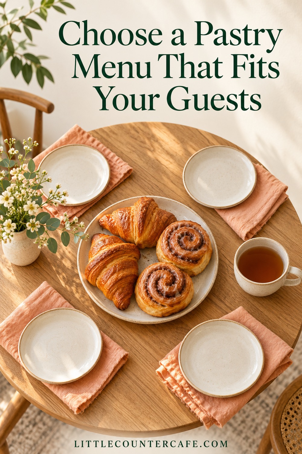 Four cream side plates surround a low platter of croissants and cinnamon rolls with peach napkins.