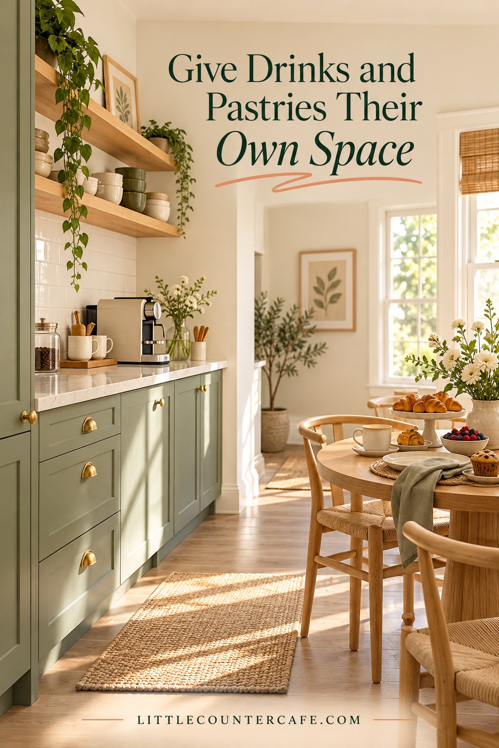 A coffee maker on a kitchen counter stands apart from a dining table with pastries and cups.