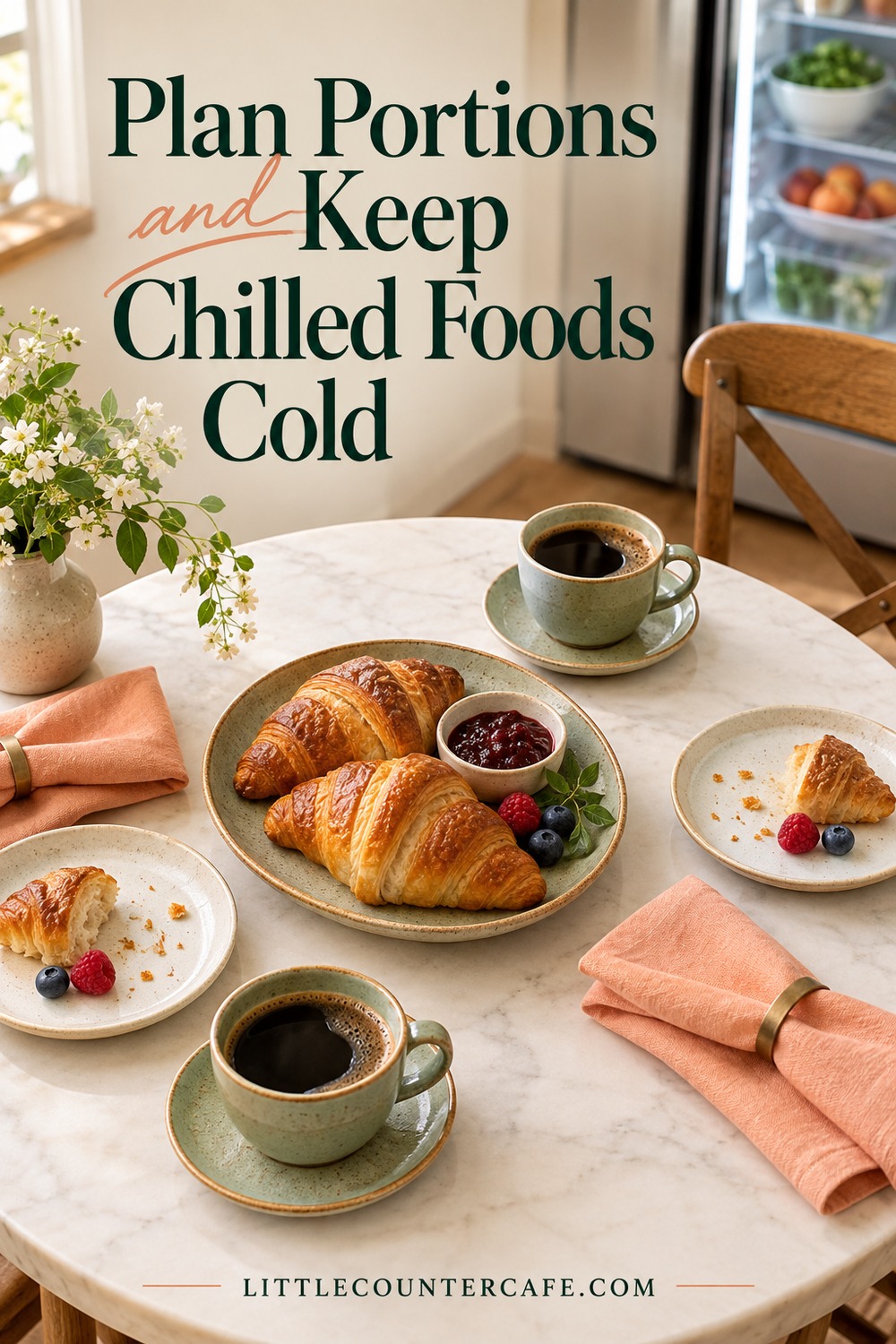 Two green coffee cups and croissants on a cream table beside a refrigerator.