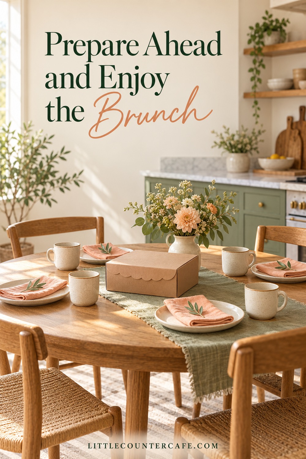 Four cups and plates with peach napkins surround a closed pastry box on a small wood table.