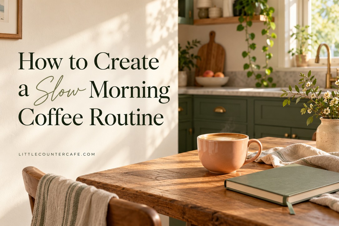 A peach coffee mug and closed sage notebook on a sunny wooden table in a green kitchen.