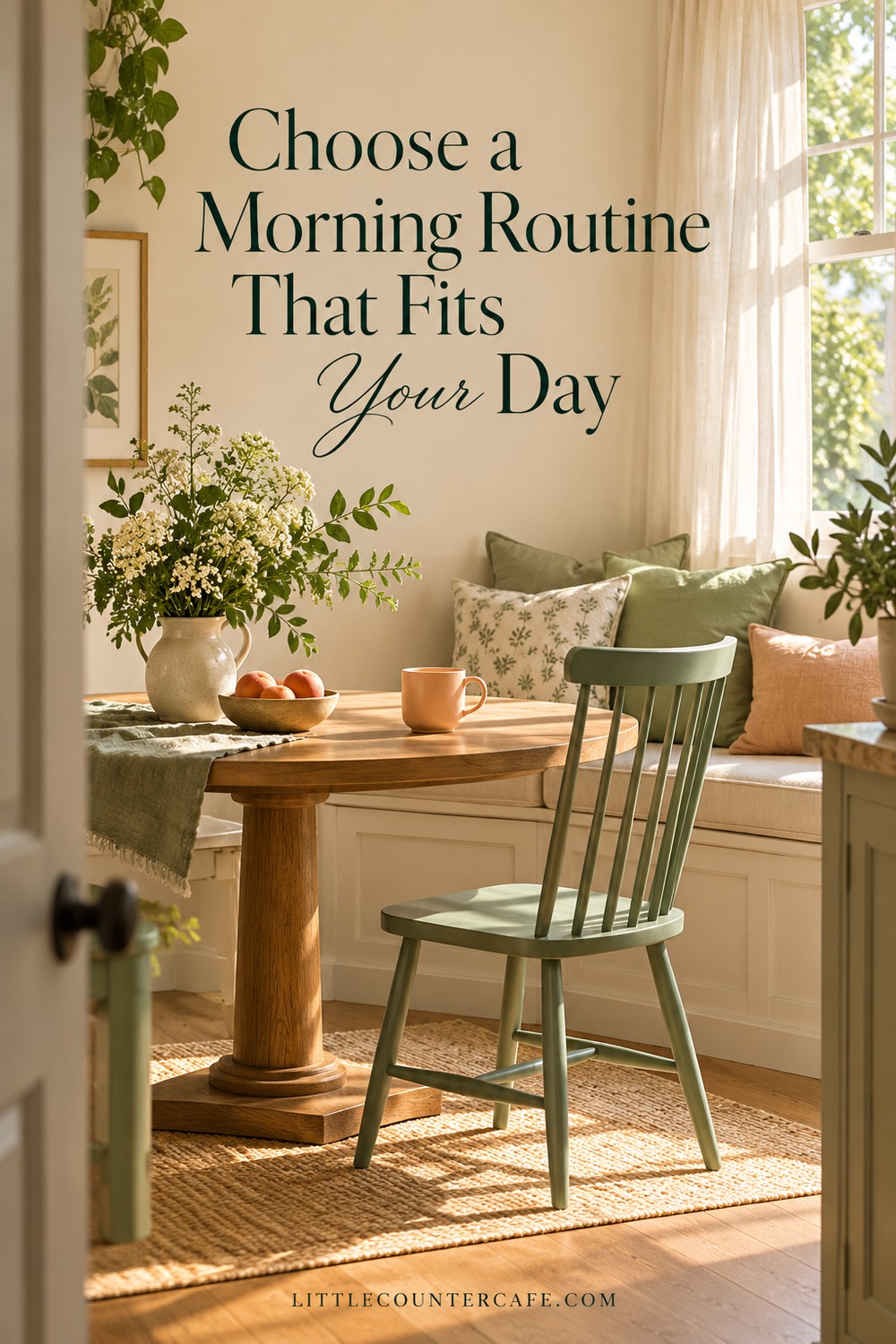 A peach mug on a wooden breakfast table with a sage chair and soft window light.