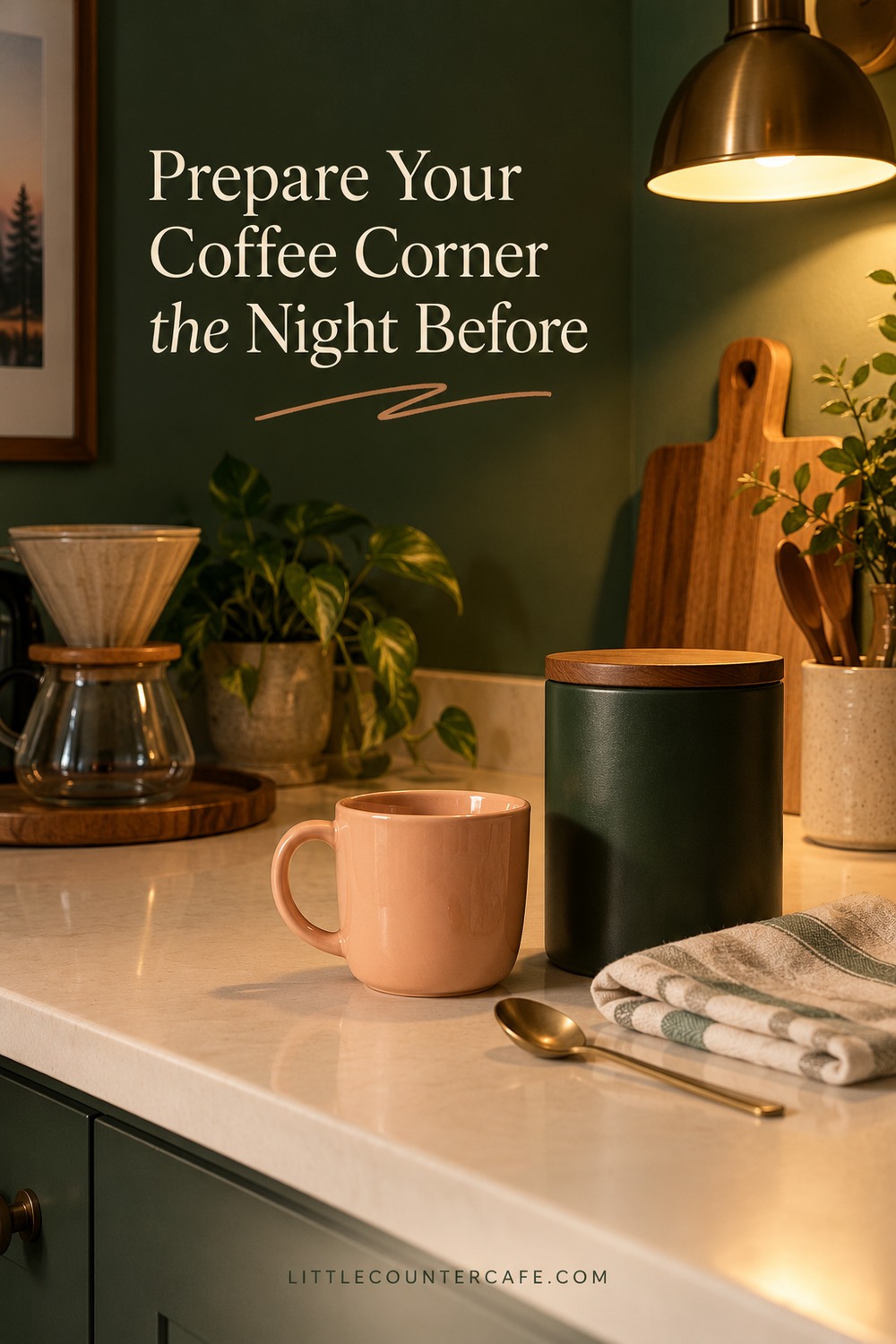 An empty peach mug, spoon and sealed dark coffee container on a kitchen counter in warm evening light.