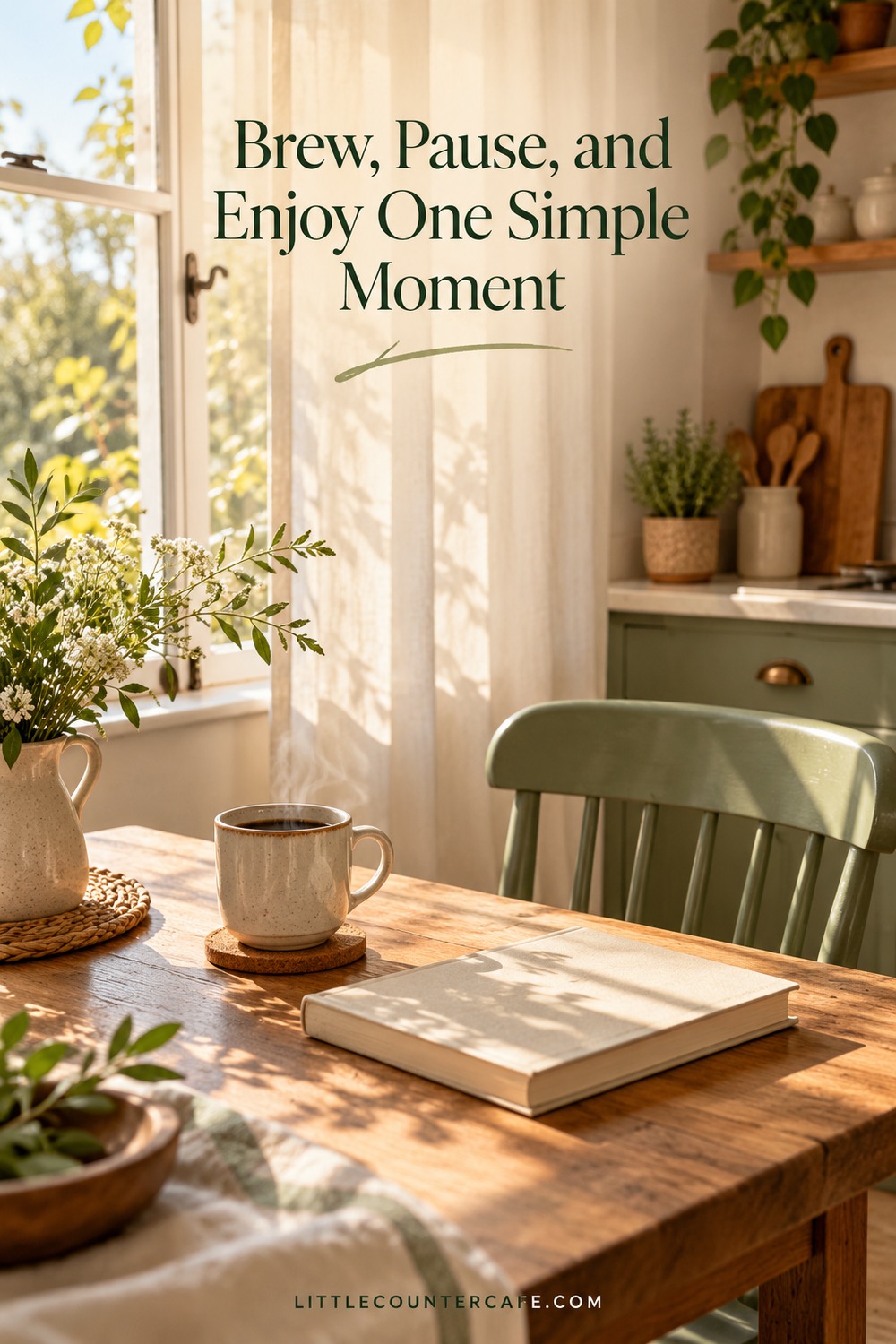 A coffee cup on a cork coaster beside a closed book and green chair in morning sunshine.
