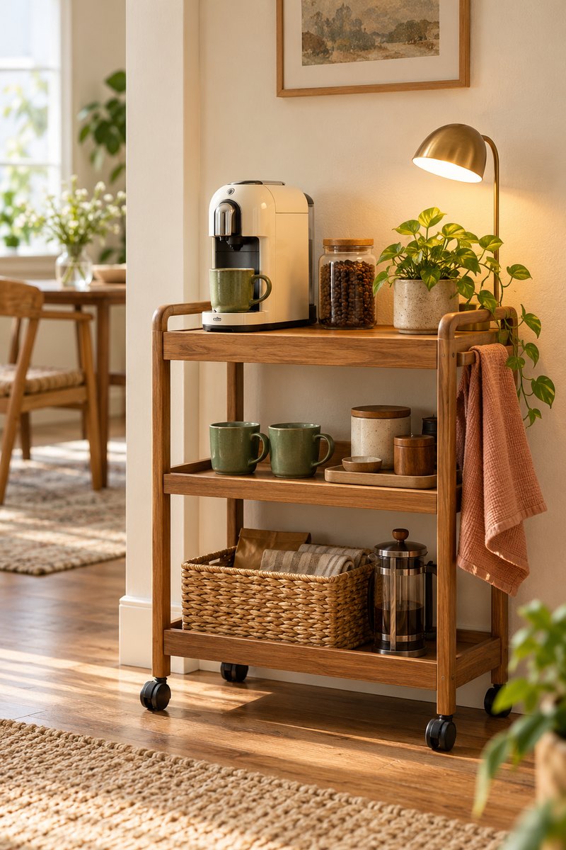 home coffee cart with a compact machine and green mugs