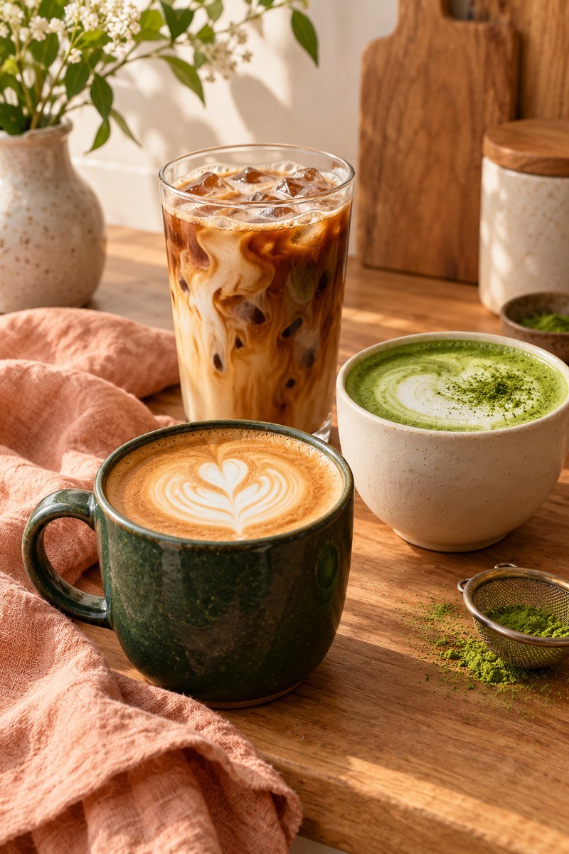 latte, iced coffee and matcha drinks in ceramic cups and a glass