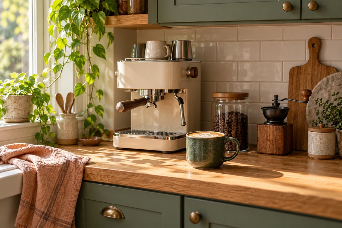 compact coffee corner with an espresso machine and oak countertop